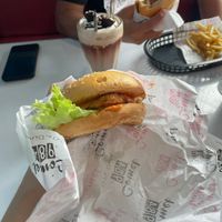 The Krusty burger is so good, I recommend it but would add a “meat” patty next time!   at Comet 984 in Playa Del Carmen