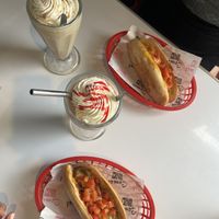 Vegan milkshake and cheese hotdog 🌭   at Comet 984 in Playa Del Carmen