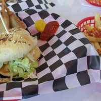 Fish burger, corn dog and cheddar/bacon fries at Comet 984 in Playa Del Carmen