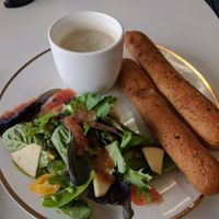 chowder with salad at Pomegranate Cafe in Los Angeles