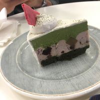 Green tea cake with mochi  at Pomegranate Cafe in Los Angeles