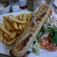 Vegan BLT Baguette, chip's & salad at Cafe 50 in Yeovil
