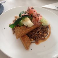 tempeh, noodle & avocado dish with peanuts & Asian greens at Buhler & Co in East London