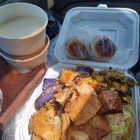 Hot sweetened fresh soy milk!!!! And combo plate w pastries at Sogo Tofu in San Jose