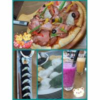Pizza, sushi, dumplings, and juices. at Bugua in Guangzhou