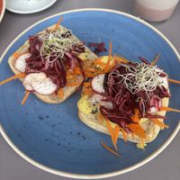 “Beirut” breakfast with hummus and veg on ciabatta  at Cafe Babel in Torrelodones