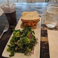 Buffalo cauliflower sandwich and chocolate cherry bomb smoothie. at goodbeet in Haddon Township