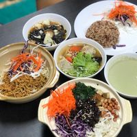 Monkey head, thunder rice and noodle dish at Vege Pot 素砂煲 in Central Singapore