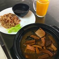 Five Spice bean curd and oyster mushroom + barley pumpkin drink  at Vege Pot 素砂煲 in Central Singapore