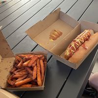 sweet potato fries and hot dog   at Lord of the Fries - Flinders Street in Melbourne
