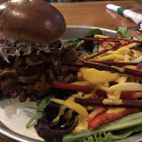 BBQ sammie (made with jackfruit) with salad at Oak House in Newmarket