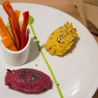 Beetroot and pumpkin hummus.  Very delicious and flavorful! at Vitto Pitagorico in Naples