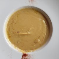 BISSARA soup, Moroccan broad bean soup, EVO oil, cumin, paprika and garlic at Vitto Pitagorico in Naples