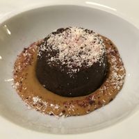 chocolate and date cake w peanut butter sauce at Vitto Pitagorico in Naples