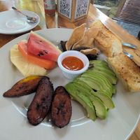 Desayuno tipico - egg replaced with avocodo at Los Amigos in Flores