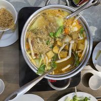 Hot pot with vegetables, mushrooms, noodles, tofu and different vegan “meats”   at Buddha Belly in Cat Ba