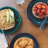 Apple crumble, berry tartlette and cinnamon bun.  at Ou Bien Encore in Geneva