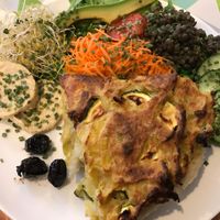 potato zucchini pie with side salad, veg and tempeh at Le Speakeasy in Nice