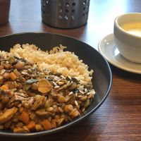 hot dish of the day (mushroom, chickpea, veggies with rice) and turmeric latte with oat milk at Pumpkin Brown in Edinburgh
