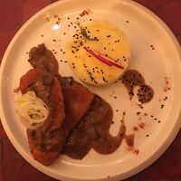 Fried celery with potato purée at Estudio Vegetariano in Lagos