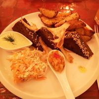 Seitan steak with wedges, chutney, coleslaw and mayo at Estudio Vegetariano in Lagos