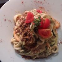Zucchini Spaghetti with sweet potato sauce and vegan cheese at Estudio Vegetariano in Lagos