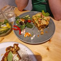 Bolognese lasagne with garlic Aeoli and salad at Estudio Vegetariano in Lagos