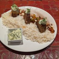 Seitan with delicious caponata, rice and vegan sauce at Estudio Vegetariano in Lagos