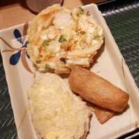 Sweet potato and mixed veggie tempura + fried tofu roll with vinegar and rice. at Hanamaru in Sapporo
