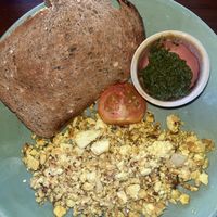 Vegan pesto ‘eggs’ and toast  at Coconut Monkey in Koh Tao