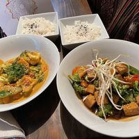 Red Thai curry and teriyaki tofu  at The Vegan Temple by Prasada in Cusco