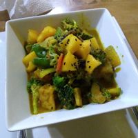 Carribbean curry, served with rice at The Vegan Temple by Prasada in Cusco