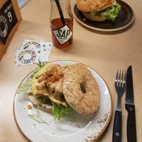 bagel with vegan meat, avocado and vegan cheese - yum! at SAP Bagel & Juice Bar - Stationsstraat in Maastricht