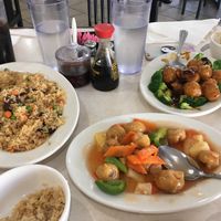 Combination fried rice, Sweet and Sour chicken and Orange chicken. All vegan!! at Veggie Express in Frisco