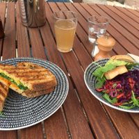 hummas, pumpkin & spinach toastie, mini tofu burger with ginger & lemongrass fiz.  at Hamster in Kyneton