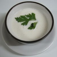 Ajoblanco (almonds, garlic, oil and vinegar) with grapes. at Bar Ajoblanco in Sevilla