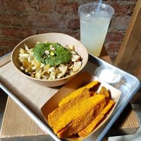 fennel bowl with sweet potato fries and lavender lemonade at Shouk in Washington