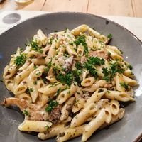 Pasta with oyster mushrooms and pesto at Brasserie Forestiere in Bruges