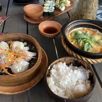 Red curry, spring rolls, some sushi and the amazing pineapple mint shake!  at Anh Dao in Berlin