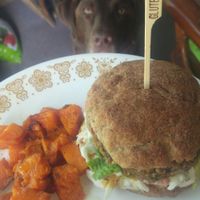 Vegan burger with sweet potato hash  at The Maple Tree in Red Deer