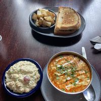 Tarragon chickpea salad, corn chowder, Patty Melt with side of Potatoes  at Graze in Nashville