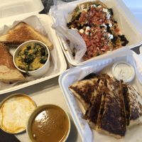 A feast of food. Tostadas, quesadilla, soup, sub with side of cheesy broccoli   at Graze in Nashville