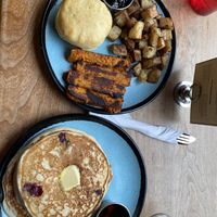 Blueberry pancakes (also gluten free), potatoes, tempeh bacon and a biscuit.  at Graze in Nashville