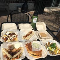 Hot tempeh mac n cheese, chorizo con papas, oatmeal creme pie, buffalo chicken quesadilla, patty melt, and loaded potatoes. at Graze in Nashville