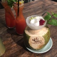 Vegan sushi, vegan main (platter), fresh coconut and orange juice with ginger ale. at Uu Dam Chay in Hanoi