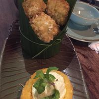 Fried tofu with green rice at Uu Dam Chay in Hanoi