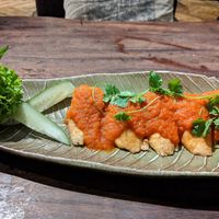Tofu dish with tomato sauch - tasty! at Uu Dam Chay in Hanoi