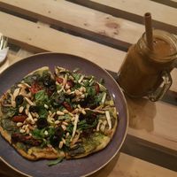 pesto pizza and pumpkin smoothie at Om Hanoi in Hanoi