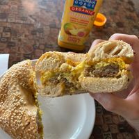 Breakfast sandwich on sesame bagel  at Tiny's Coffee - North East in Portland