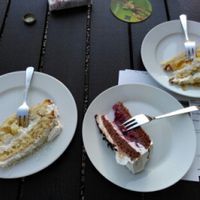 Vegan piña colada cake, black forest cake and peach cream cake (pieces are usually twice this size) at VeBistro in Wittersheim